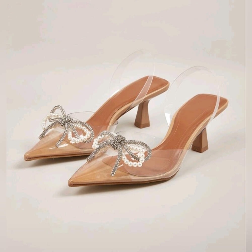 Nude/Clear Pointed Sling Back Kitten Heels with Pearl & Crystal Bow